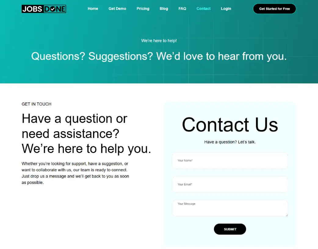 Contact Us page of JobsDone website, converted from Figma to WordPress using Elementor by Vishal Chaudhary