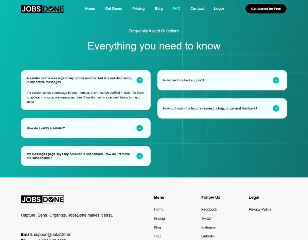 FAQ page of JobsDone website, converted from Figma to WordPress using Elementor by Vishal Chaudhary