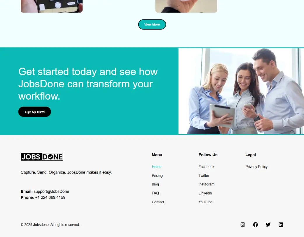 Global footer of the JobsDone website, converted from Figma to WordPress using Elementor by Vishal Chaudhary