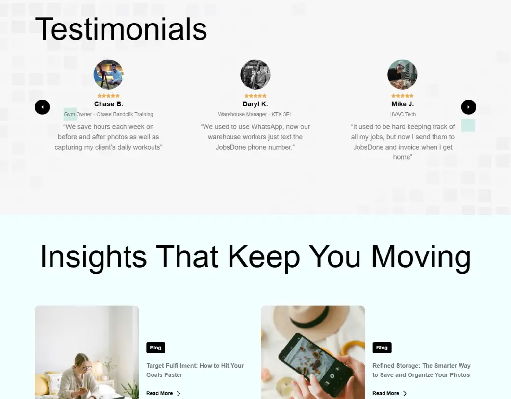 Homepage Testimonials section of JobsDone website converted from Figma to WordPress using Elementor PRO by Vishal Chaudhary