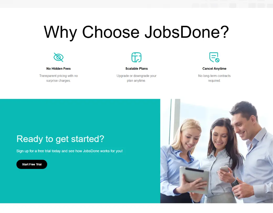 Why Choose JobsDone section on the Pricing page, converted from Figma to WordPress using Elementor by Vishal Chaudhary