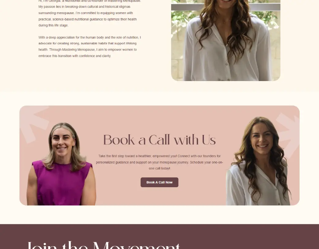 Book A Call CTA section on the About Us page of Mastering Menopause Website, built in Elementor from Figma design by Vishal Chaudhary