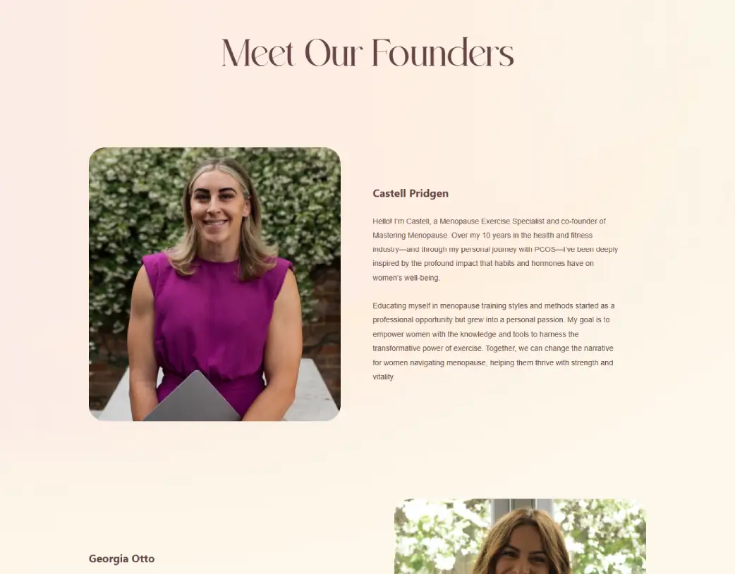 Meet Our Founders section on the About Us page of Mastering Menopause Website, built in Elementor from Figma design by Vishal Chaudhary