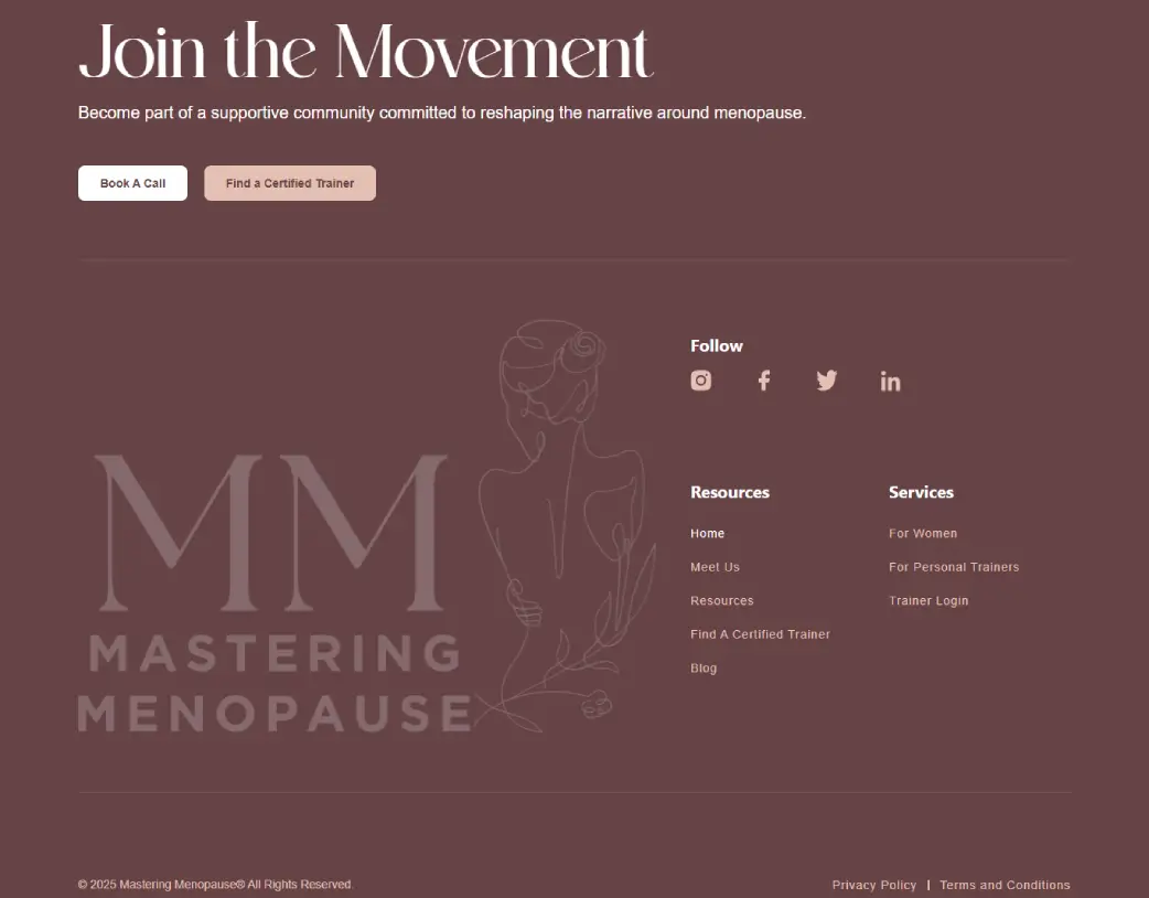 Global footer of Mastering Menopause website, built with Elementor from Figma design by Vishal Chaudhary