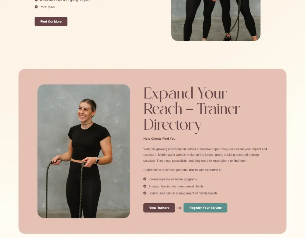Trainer Directory section on the Personal Trainer page of Mastering Menopause Website, built in Elementor from Figma design by Vishal Chaudhary