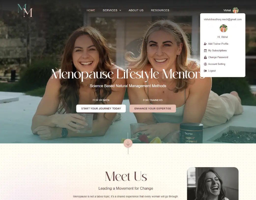 Mastering Menopause homepage after login showing user dashboard menu built with WordPress and Elementor by Vishal Chaudhary
