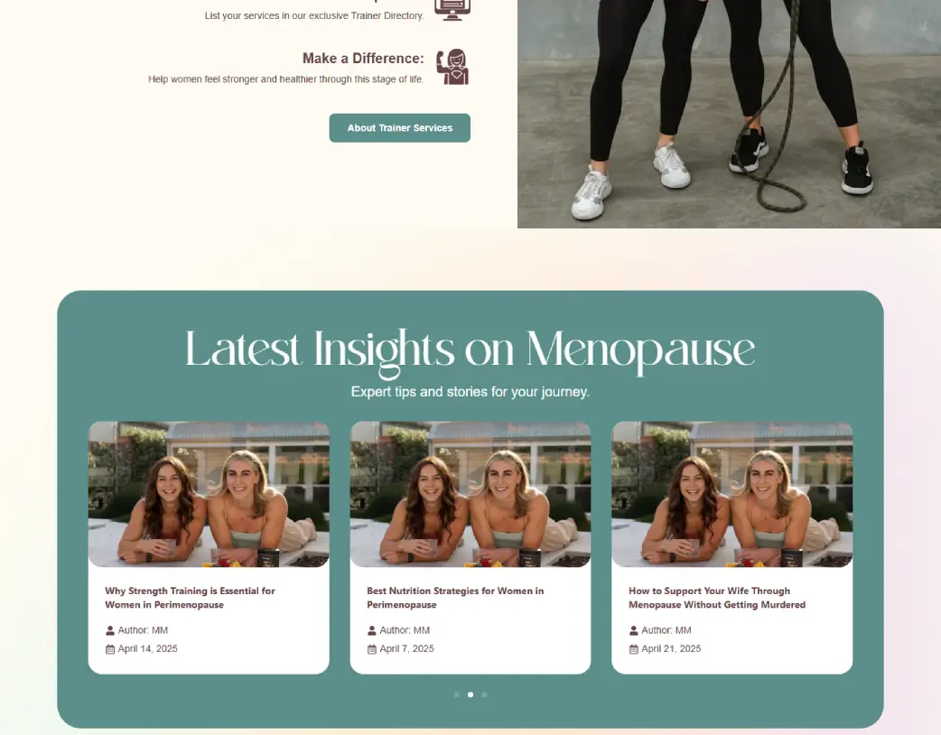 Latest Insights section on the homepage of Mastering Menopause website, built in Elementor from Figma design by Vishal Chaudhary