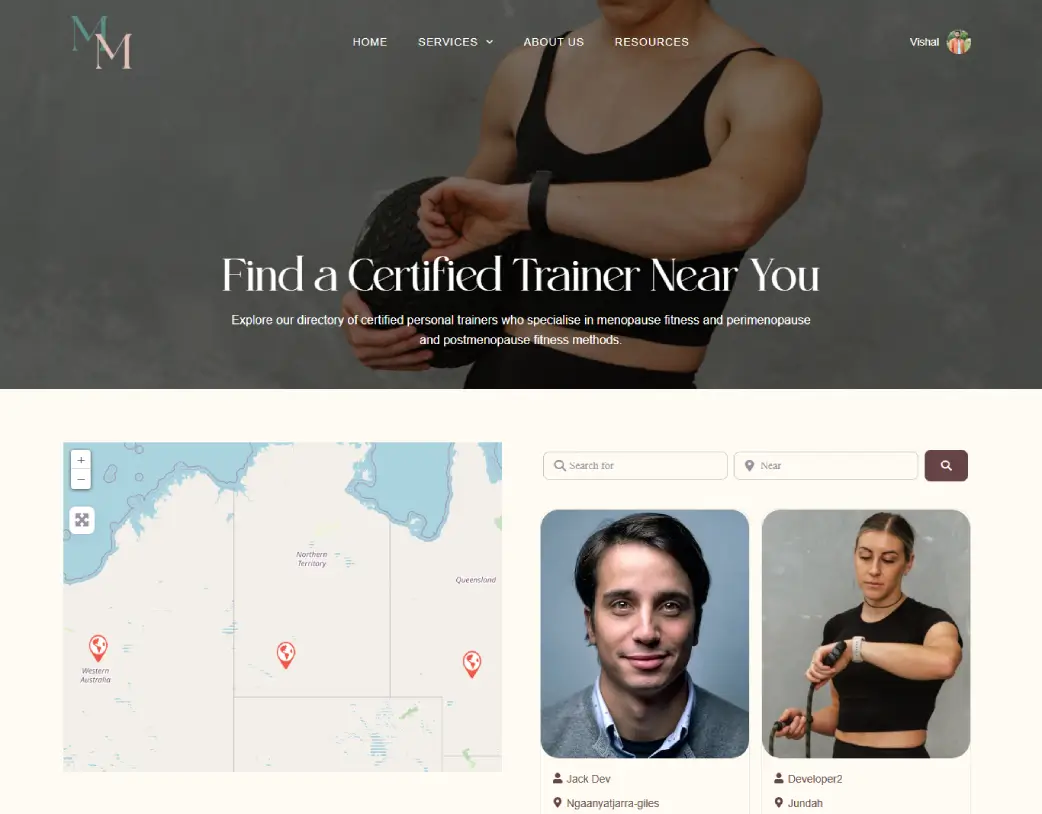 Personal Trainer Near You page of Mastering Menopause website, built with Elementor from Figma design by Vishal Chaudhary