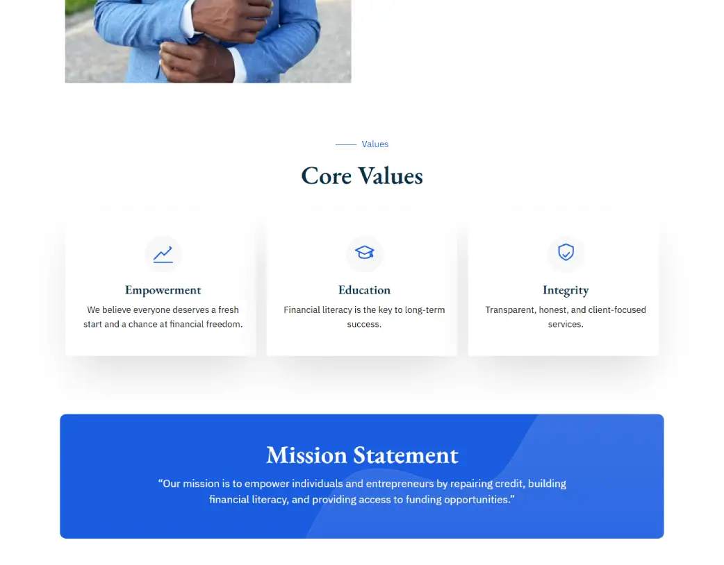 About Us page core values section of Harvard Blue Solutions WordPress financial website showing their core values