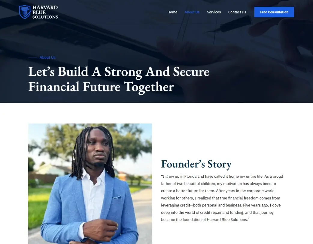 About Us page of Harvard Blue Solutions WordPress financial website showing company mission, values, and expertise