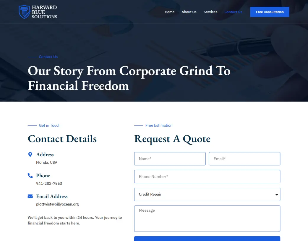 Contact page of Harvard Blue Solutions WordPress financial website with request a quote form and call-to-action buttons