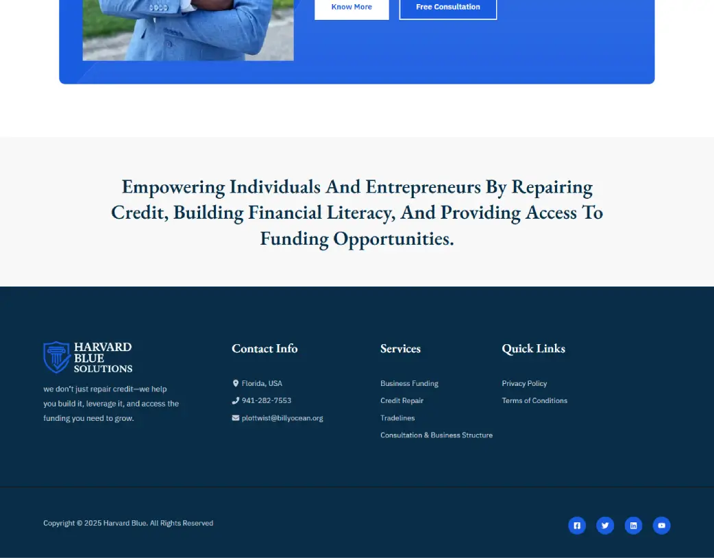 Footer section of Harvard Blue Solutions WordPress financial website with contact info, navigation, and CTA buttons