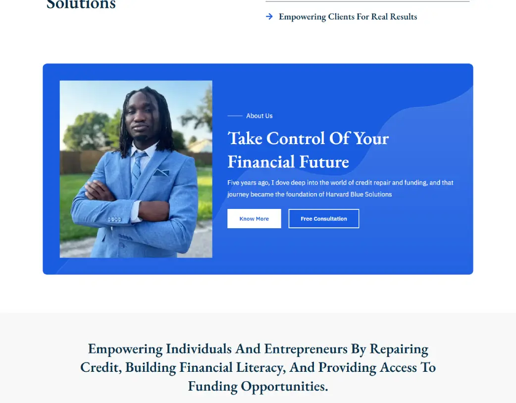 Founder section of Harvard Blue Solutions WordPress financial website presenting company leadership and expertise