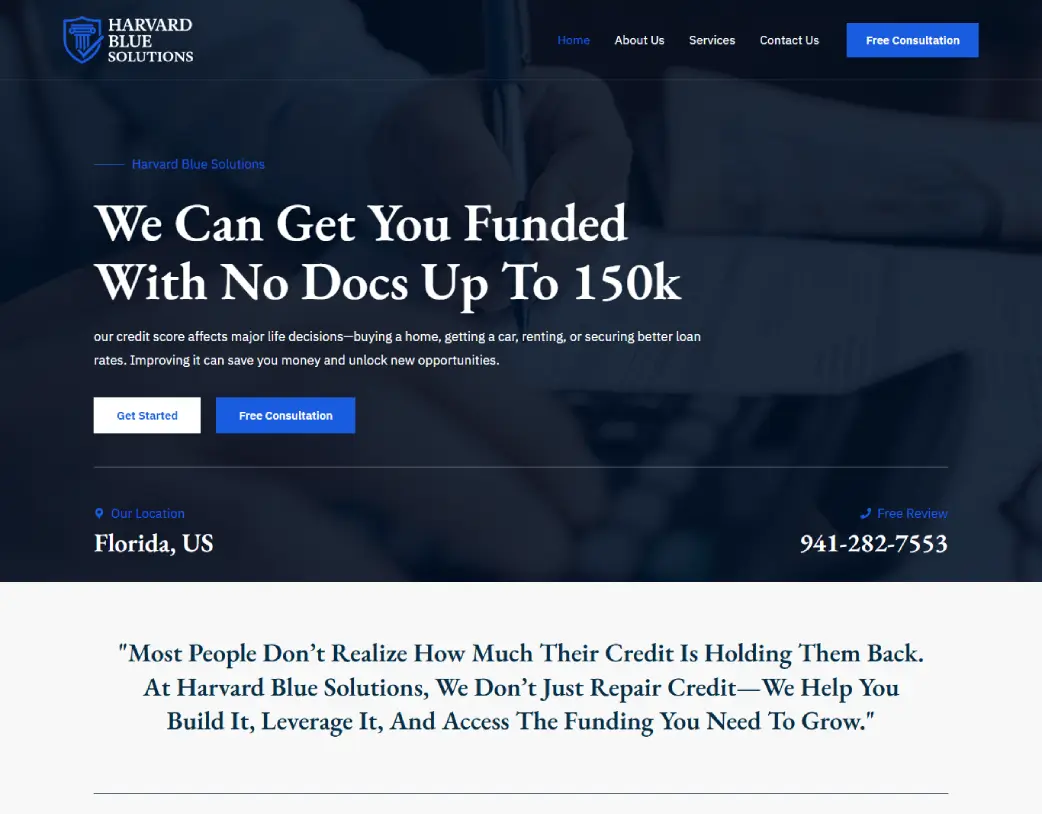 Homepage of Harvard Blue Solutions WordPress financial website designed by Vishal Chaudhary