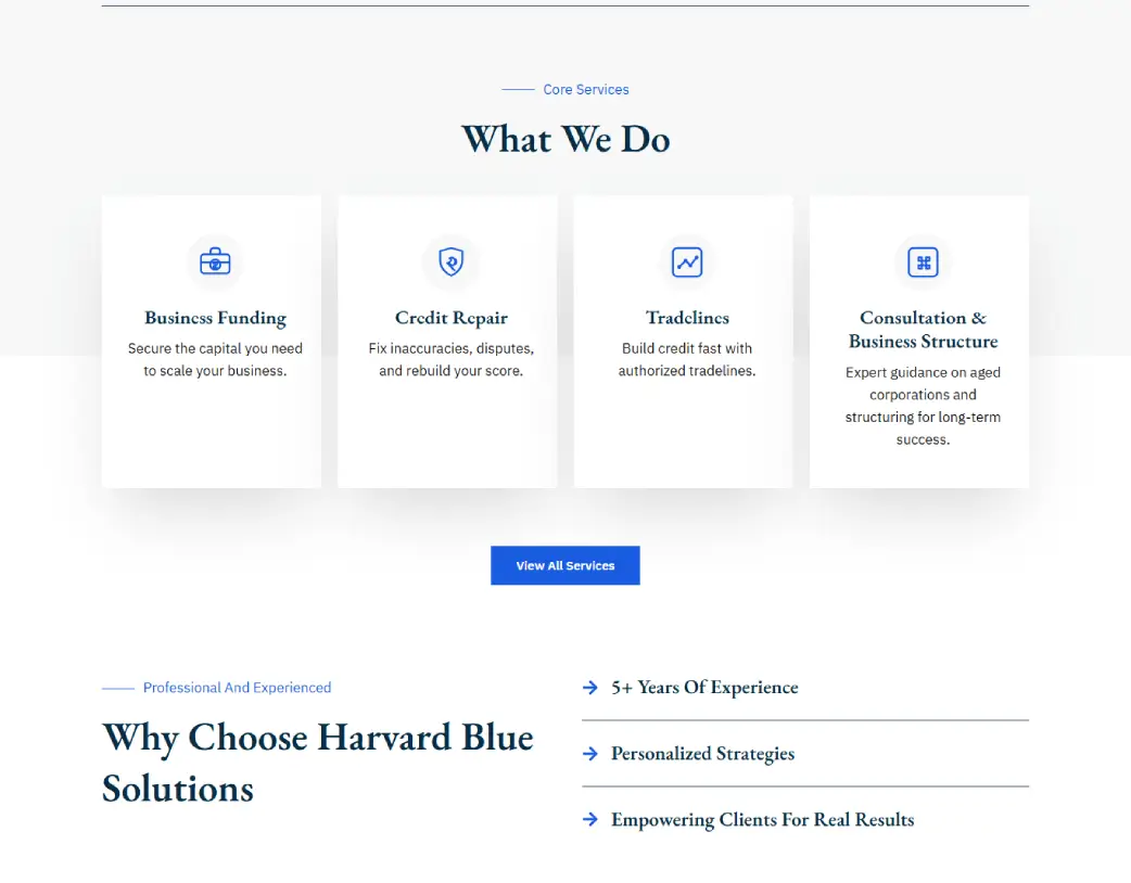 Homepage services section of Harvard Blue Solutions WordPress financial website showcasing business funding, credit repair, and consulting services