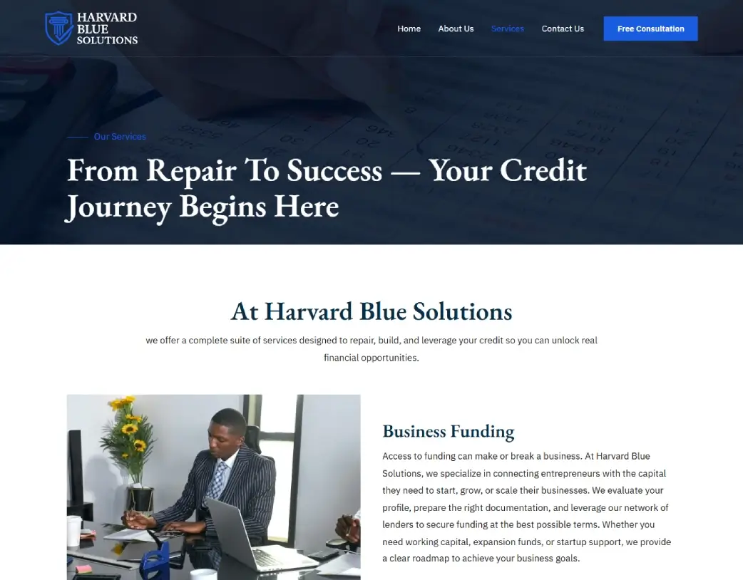 Services page of Harvard Blue Solutions WordPress financial website listing business funding, credit repair, and consulting services