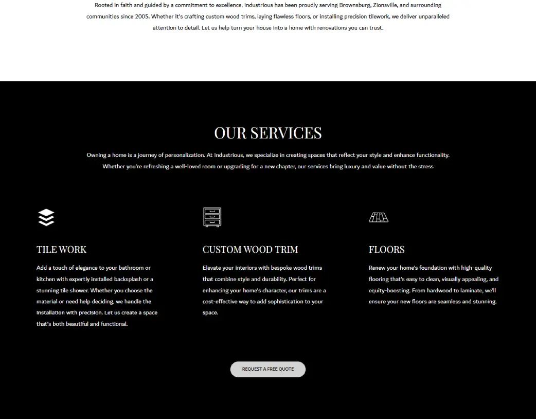 Industrious Home Services Website – Tile Work, Custom Wood Trim, Flooring – Designed by Vishal Chaudhary in Elementor PRO