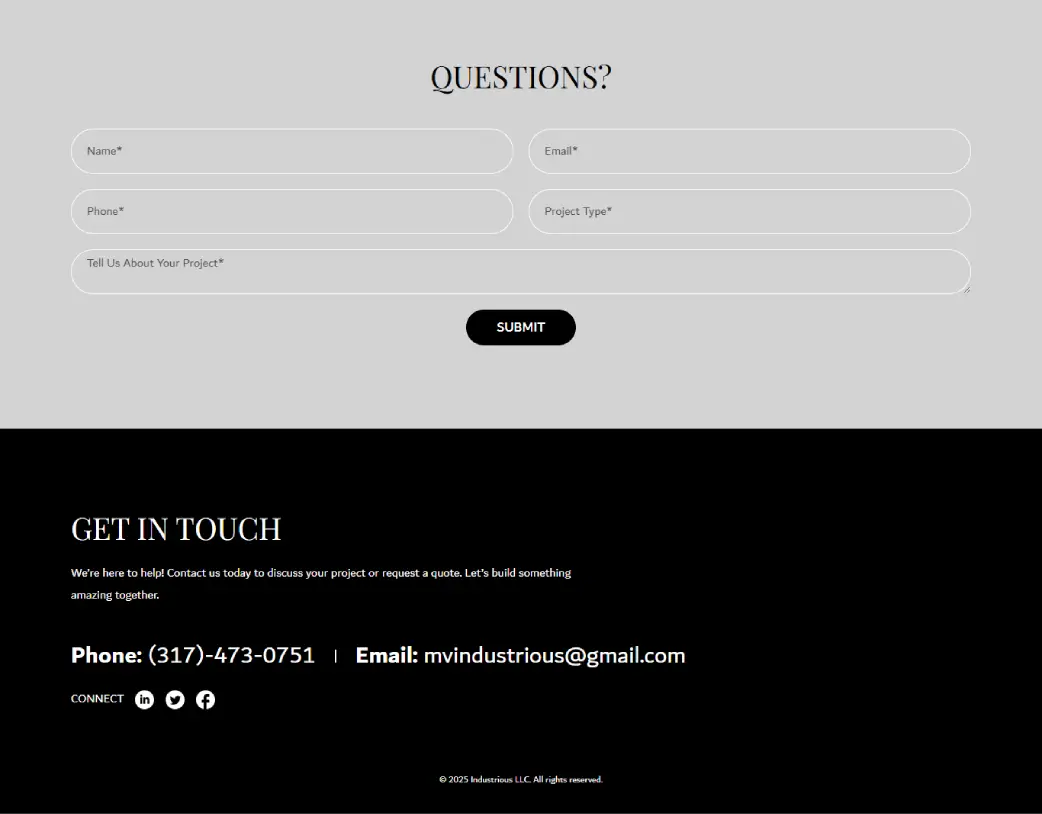 Footer and Contact Form Section of Industrious Home Services Landing Page – WordPress Development by Vishal Chaudhary