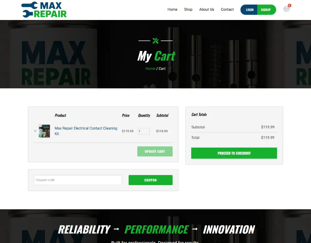WooCommerce Cart page of Max Repair Supply website designed by Vishal Chaudhary