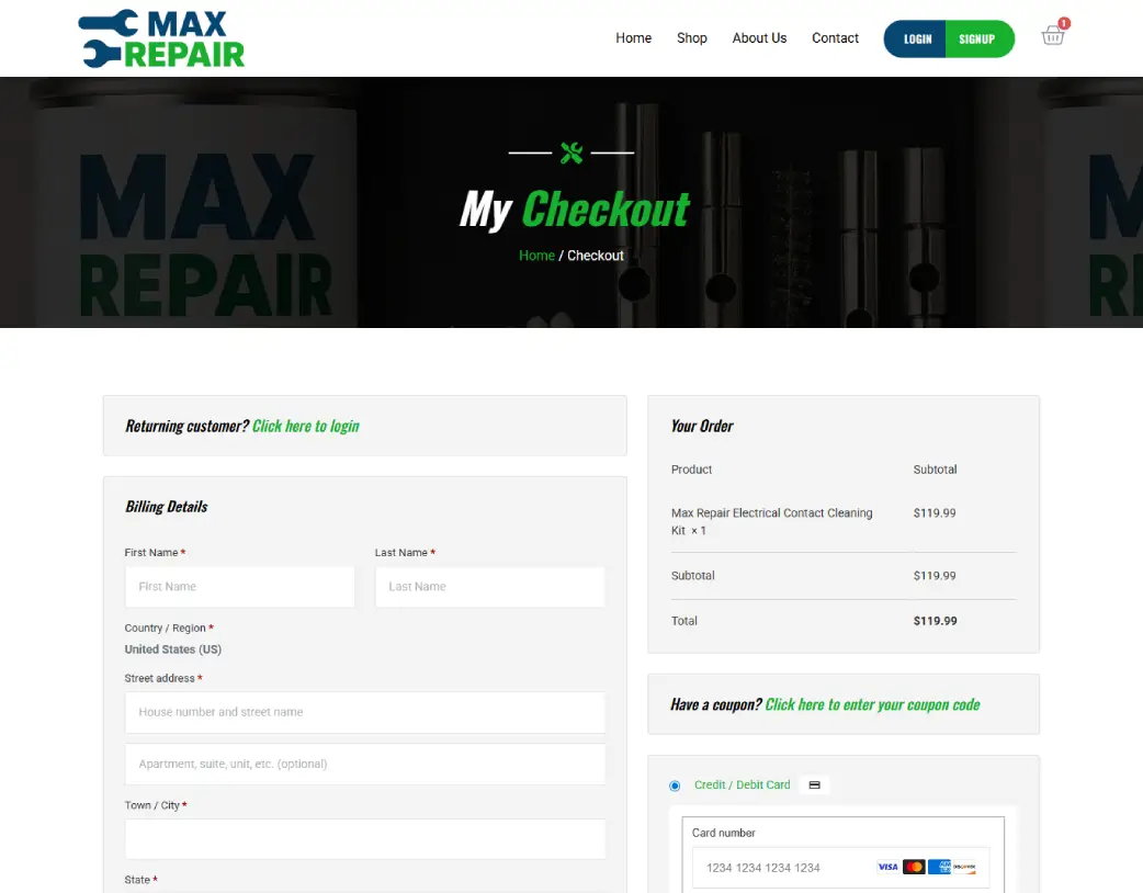 WordPress WooCommerce billing and shipping checkout page for Max Repair Supply designed by Vishal Chaudahry