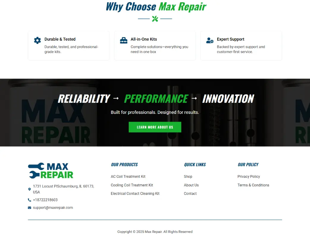 Max Repair Supply WordPress WooCommerce website footer and CTA design by Vishal Chaudhary