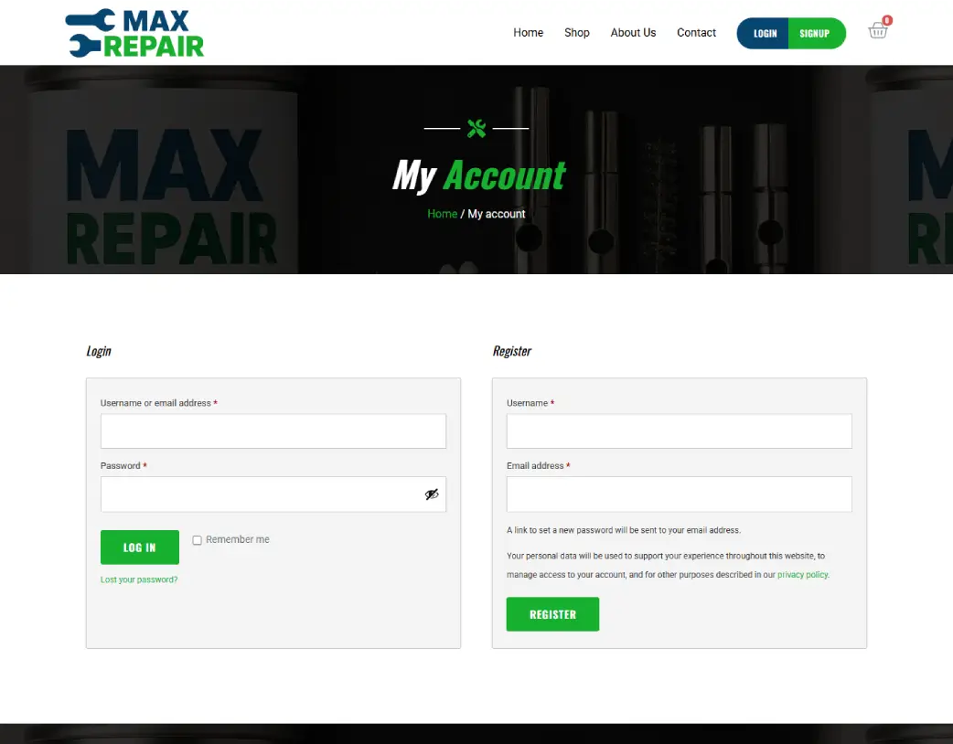WordPress WooCommerce user login page for Max Repair Supply eCommerce store designed by Vishal Chaudhary