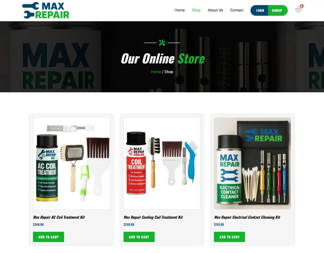 Shop page layout of Max Repair Supply WooCommerce eCommerce website