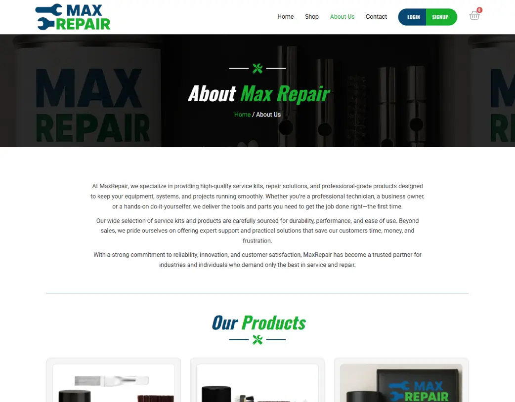About Us page of Max Repair Supply WordPress website designed by Vishal Chaudhary