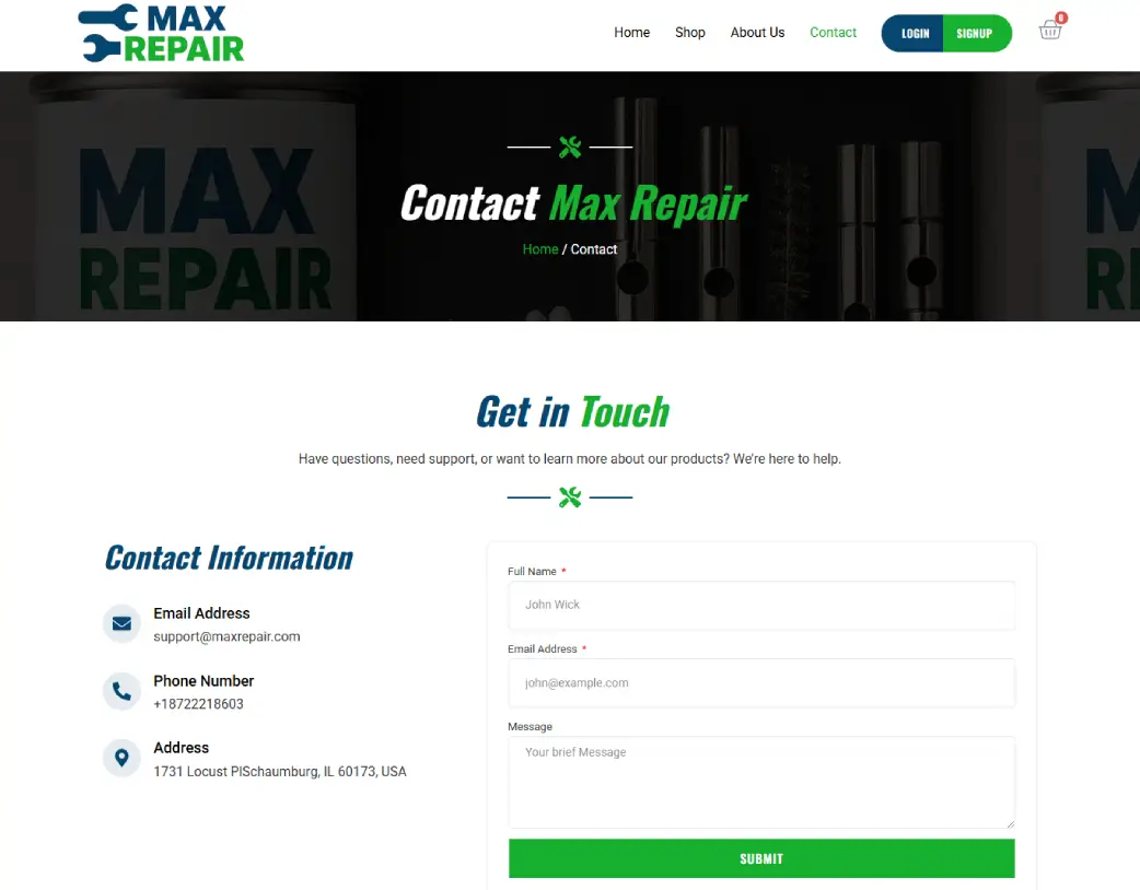 WordPress Elementor contact form design for Max Repair Supply eCommerce website by Vishal Chaudhary
