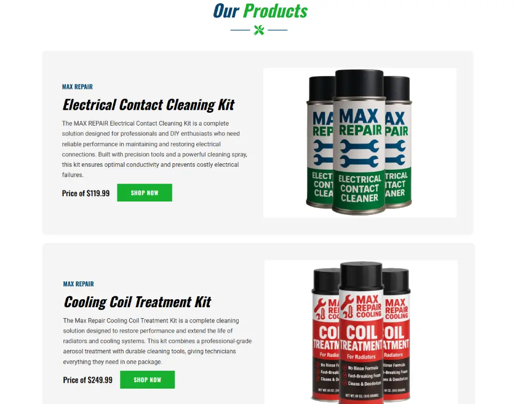 Homepage product layout of Max Repair Supply eCommerce website built with Elementor
