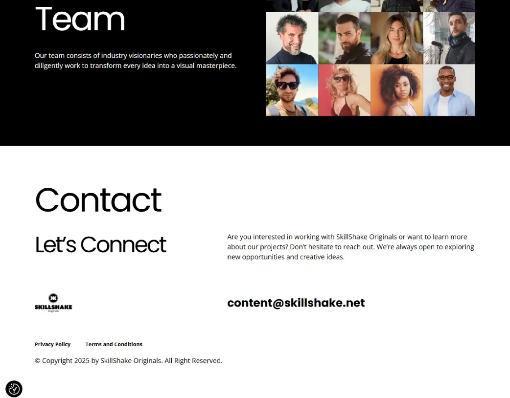 Skillshake Originals landing page Footer section with contact information designed by Vishal Chaudhary