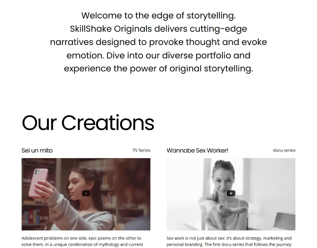 Skillshake Originals landing page Our Creation portfolio section designed by Vishal Chaudhary