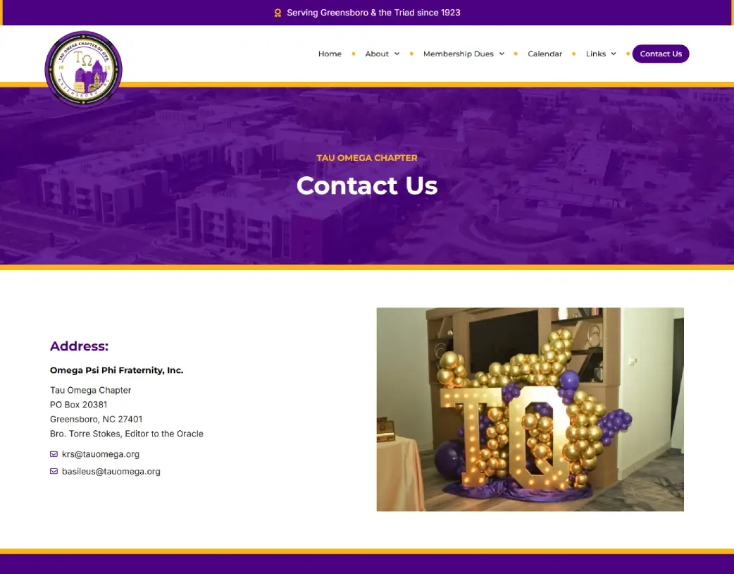 Contact Us page of Tau Omega Chapter WordPress Nonprofit & Community Website with donation and inquiry options