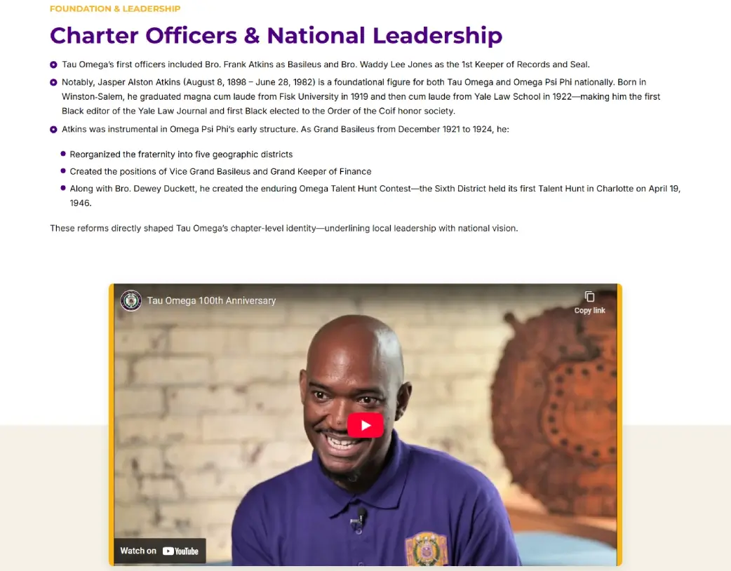 Foundation section on Chapter History page of Tau Omega Chapter WordPress Nonprofit & Community Website