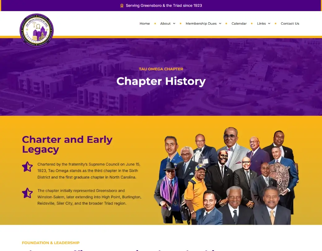 Hero banner of Chapter History page in Tau Omega Chapter WordPress Nonprofit & Community Website