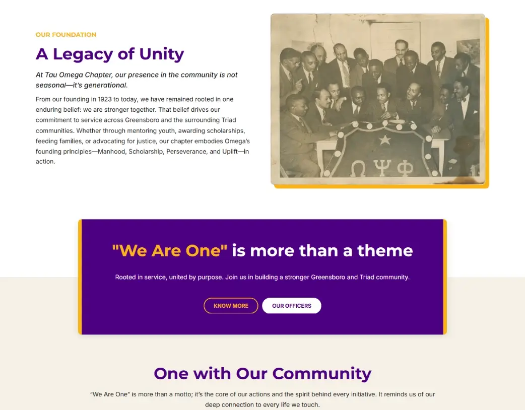 WordPress Nonprofit & Community Website homepage development for Tau Omega Chapter created with Elementor PRO