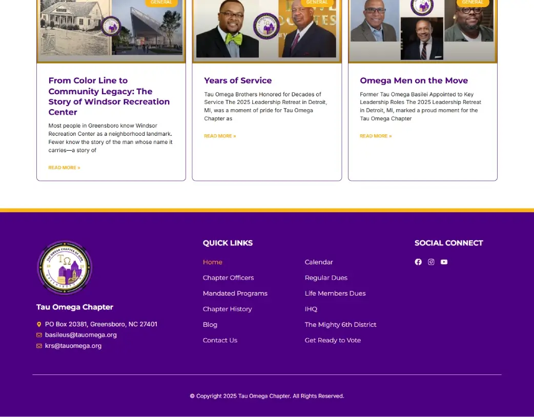 Footer of Tau Omega Chapter WordPress nonprofit & community website with contact and donation links