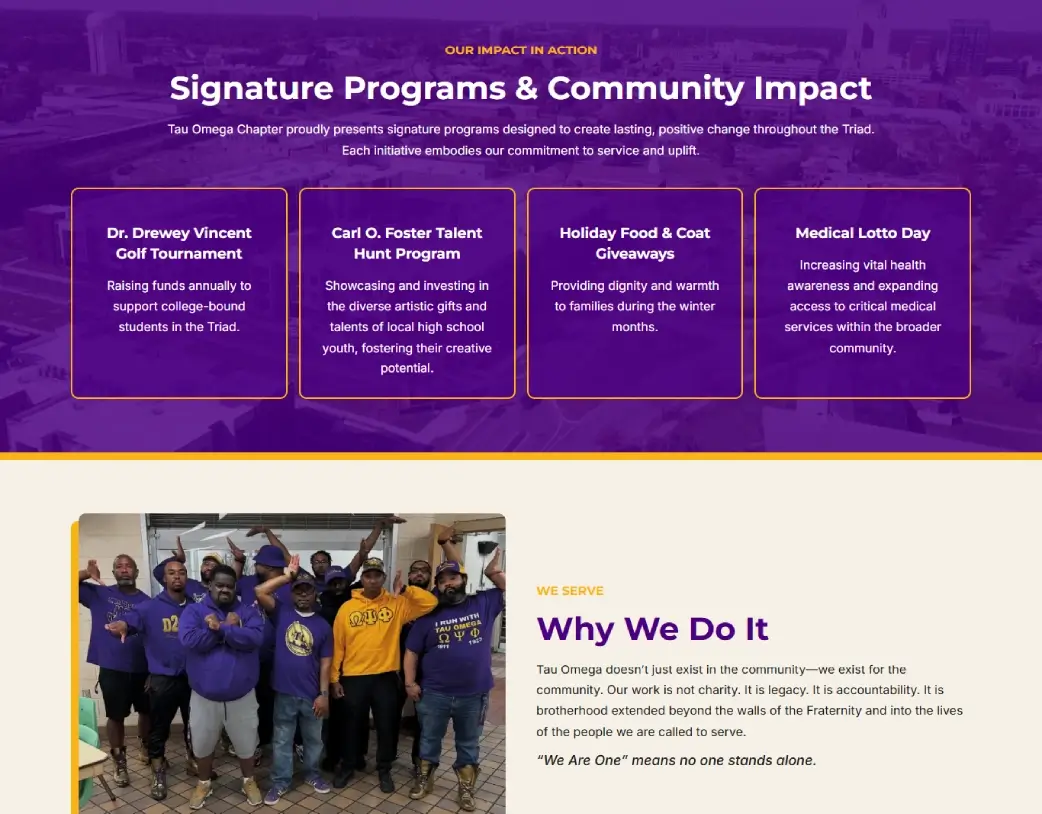 Tau Omega Chapter homepage highlighting nonprofit programs and services in WordPress Elementor website