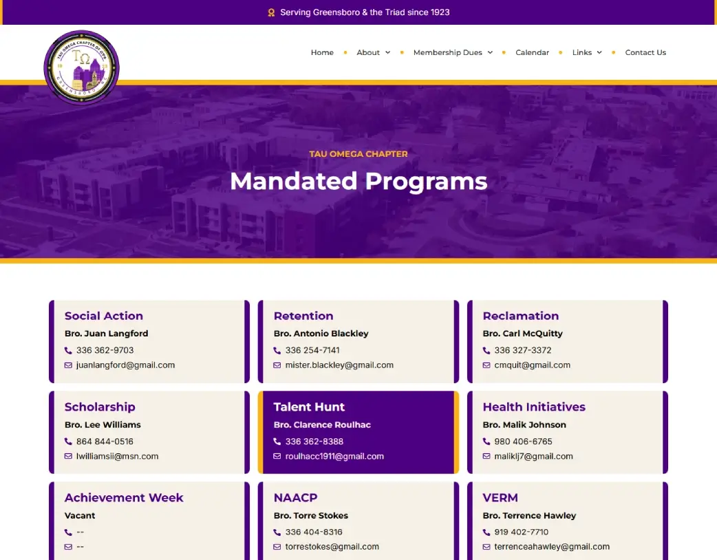 Chapter Officers page showcasing leadership team in Tau Omega Chapter WordPress Nonprofit & Community Website