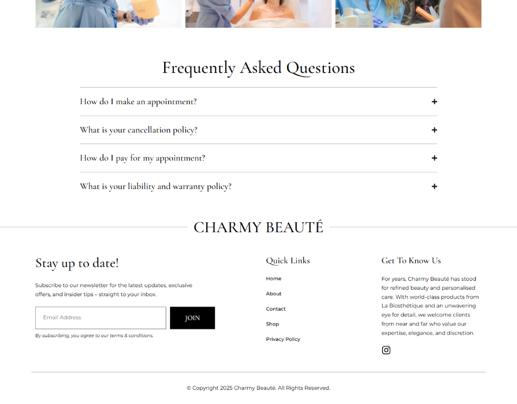 Footer Section of Charmy Beauté Beauty Salon Landing Page designed in Elementor by Vishal Chaudhary