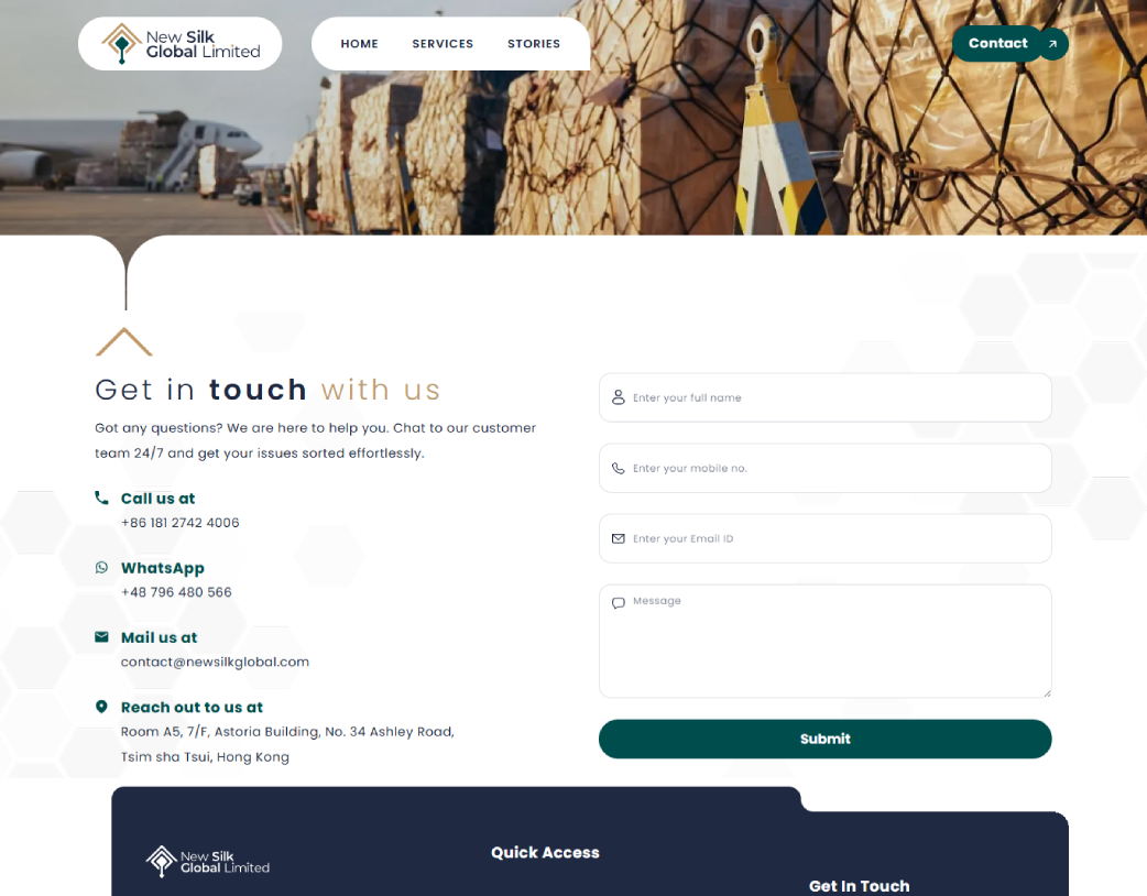 Contact Page of New Silk Global Figma to WordPress Elementor website design by Vishal Chaudhary
