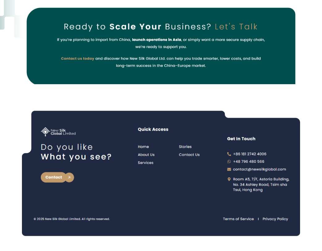 Footer section of New Silk Global website – responsive design built using Elementor Pro in Figma to WordPress conversion