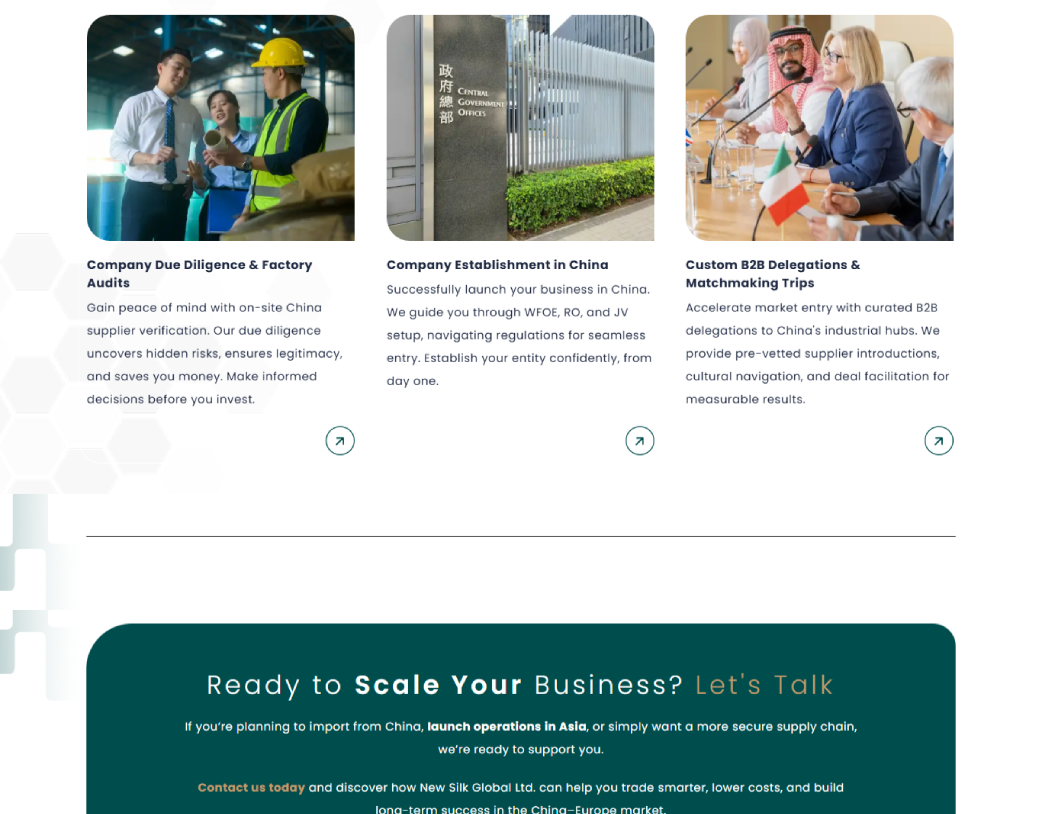 Grid View of Service Section of New Silk Global – Built Using Elementor Pro