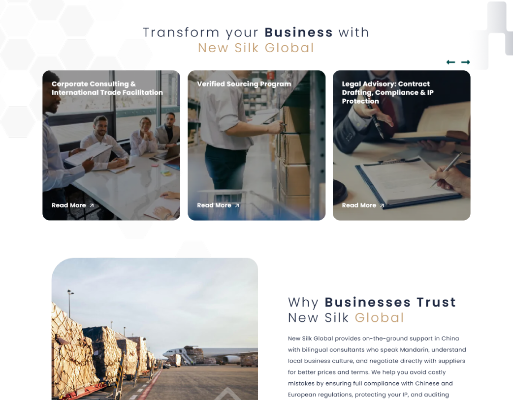 Services section of New Silk Global WordPress website built with Elementor Pro from Figma design