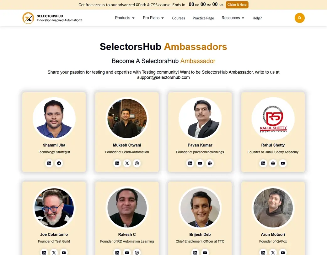 SelectorsHub ambassador page showcasing members designed during the Elementor Pro Website Redesign by Vishal Chaudhary