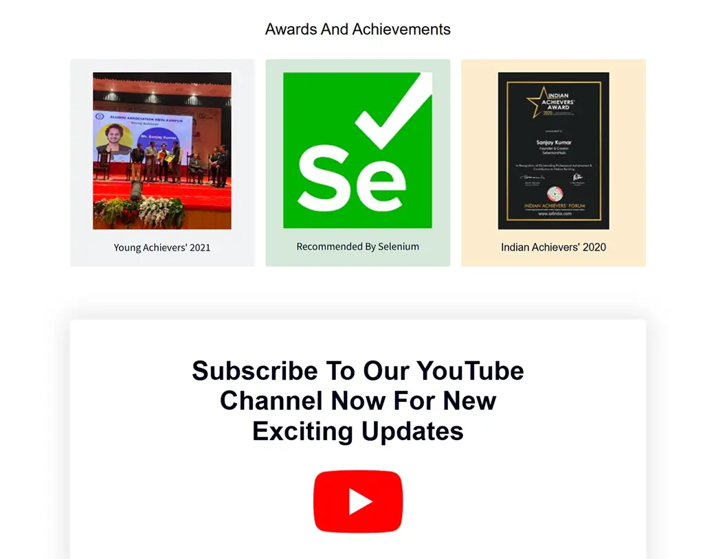 SelectorsHub awards section created in the Elementor Pro Website Redesign by Vishal Chaudhary