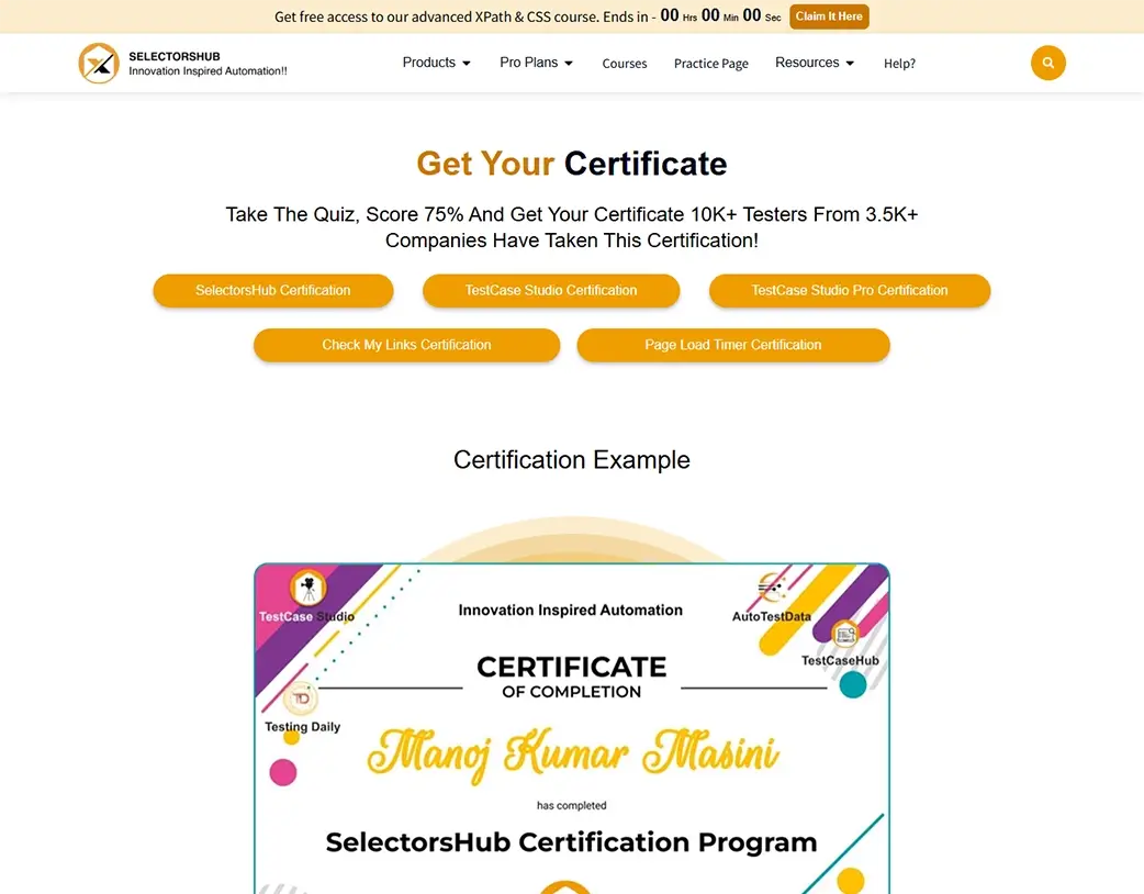 SelectorsHub certification page section designed in the Elementor Pro Website Redesign by Vishal Chaudhary