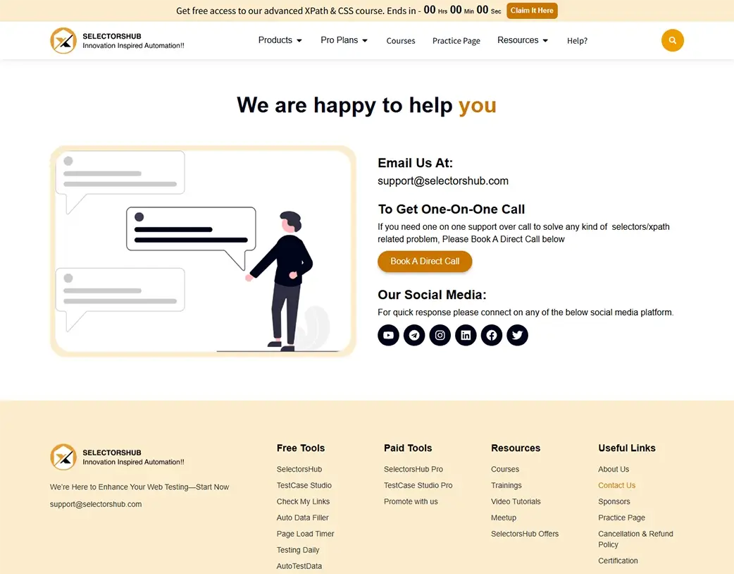 SelectorsHub contact page with form and details created in the Elementor Pro Website Redesign by Vishal Chaudhary