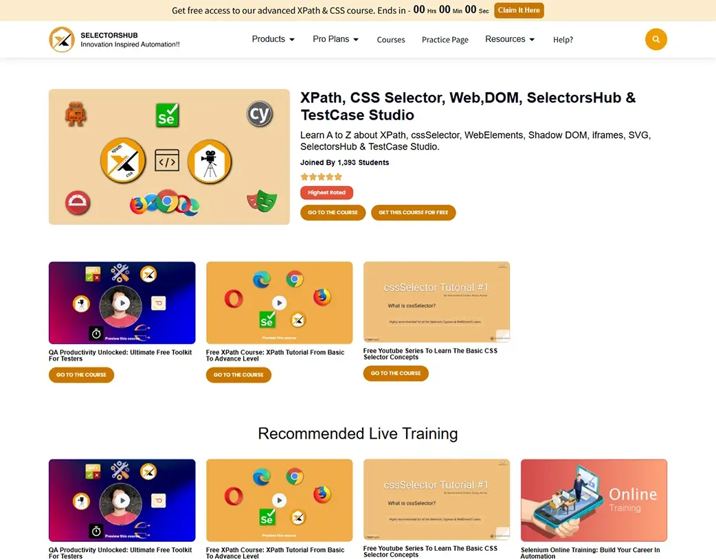 SelectorsHub courses and recordings page layout developed in the Elementor Pro Website Redesign by Vishal Chaudhary