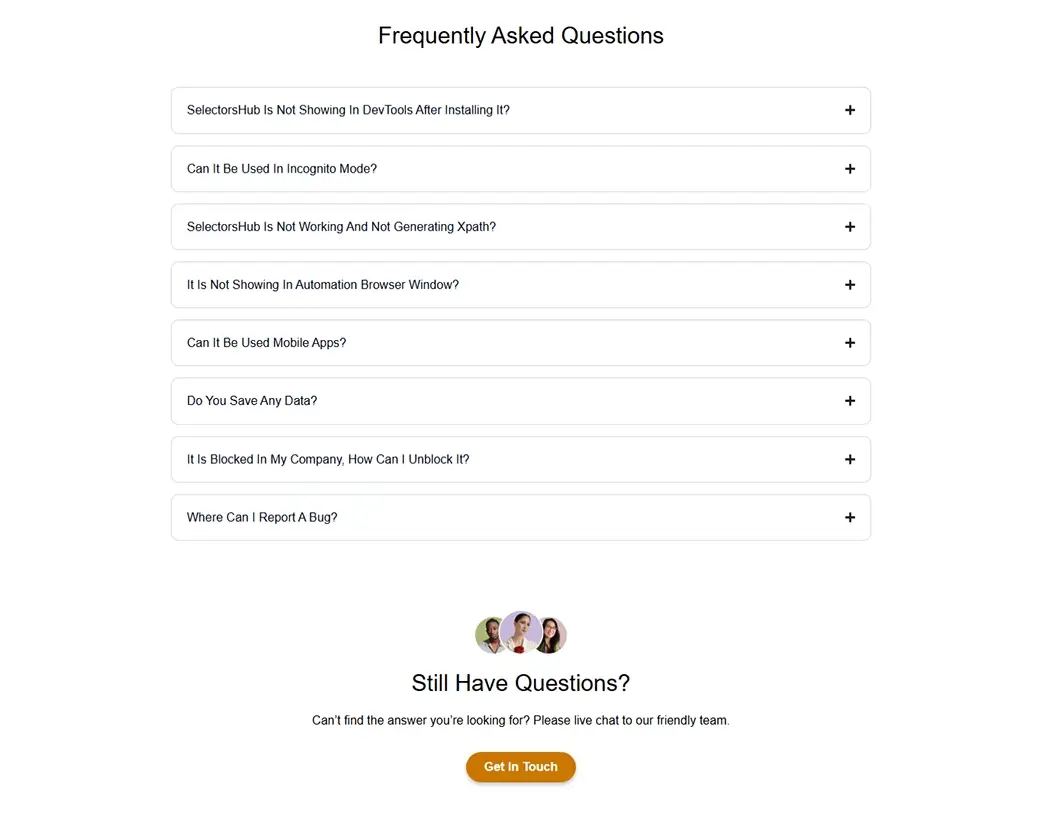 SelectorsHub extension FAQ section with call to action created in the Elementor Pro Website Redesign by Vishal Chaudhary